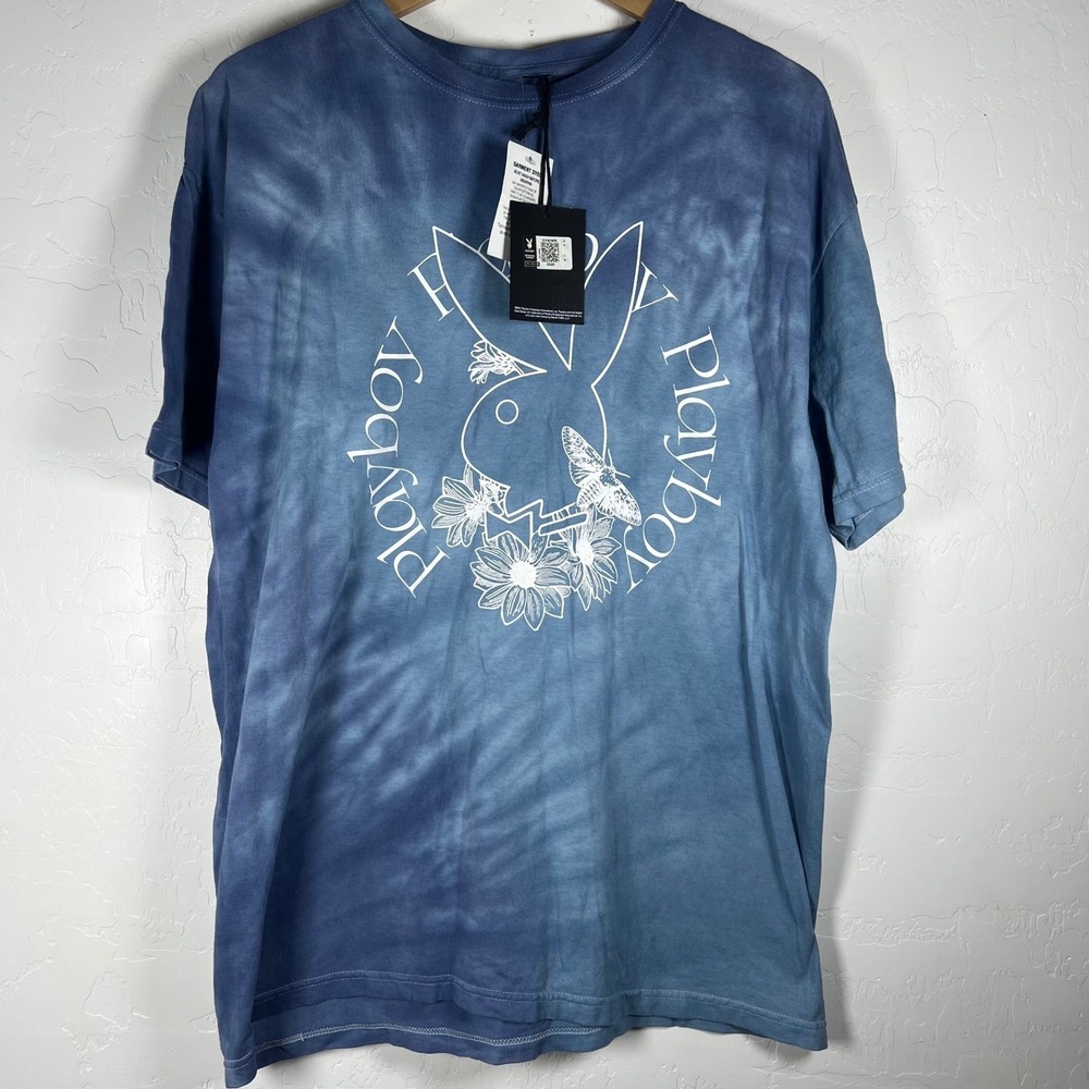 Playboy Mens Blue Cloud Tie Dye Graphic T-Shirt Floral Rabbit Logo Size M